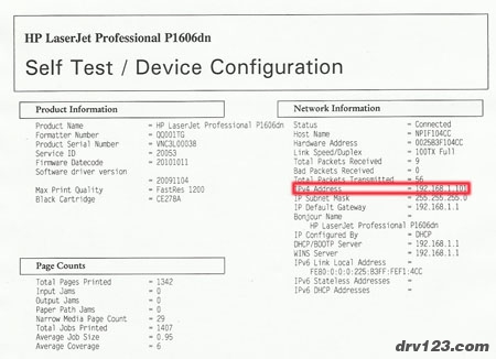 HP LaserJet Pro P1606dn 激光打印机在就绪状态下，按打印机控制面板上的执行（页面按钮)按钮，打印配置页。          查看配置页列出的当前打印机 IP 地址信息。如下图所示：IPv4 address