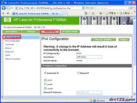 在“HP LaserJet Professional P1606dn ”窗口中，点击“Networking（网络）”选项卡。如下图所示：Networking（网络）选项卡